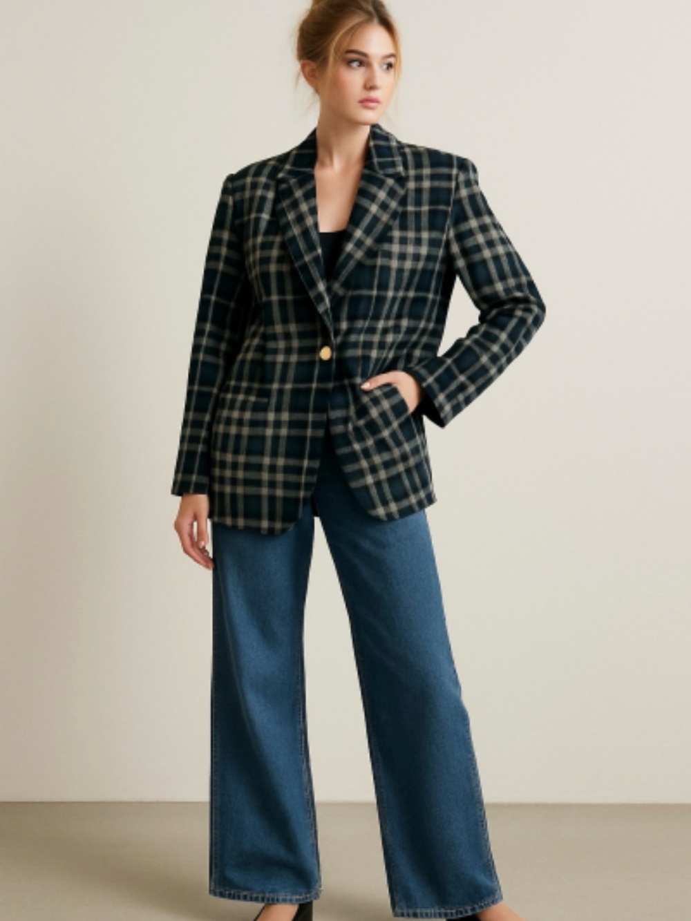 TELA Italy Linen Black White Plaid Blazer Single Button Tailored Jacket S